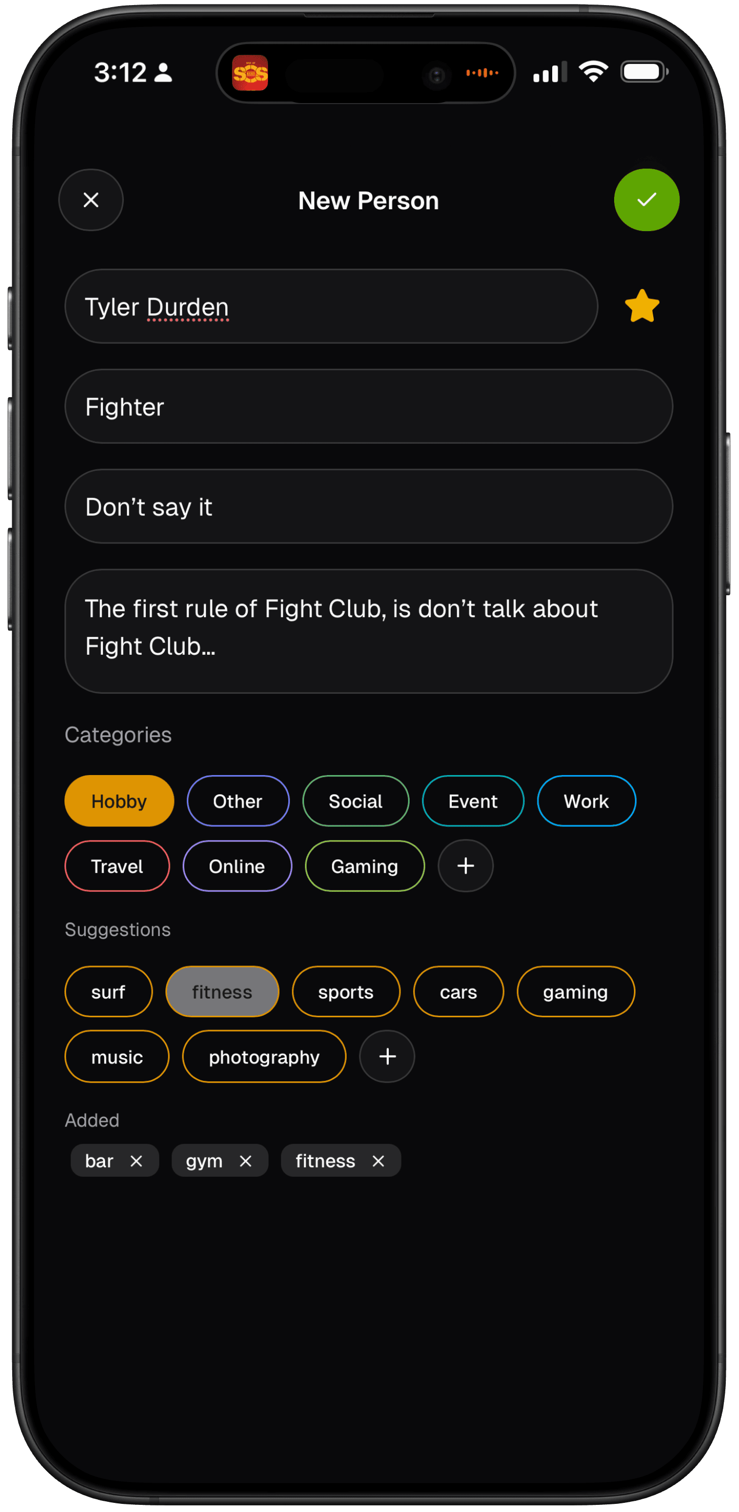 Adding a new person with tags and categories